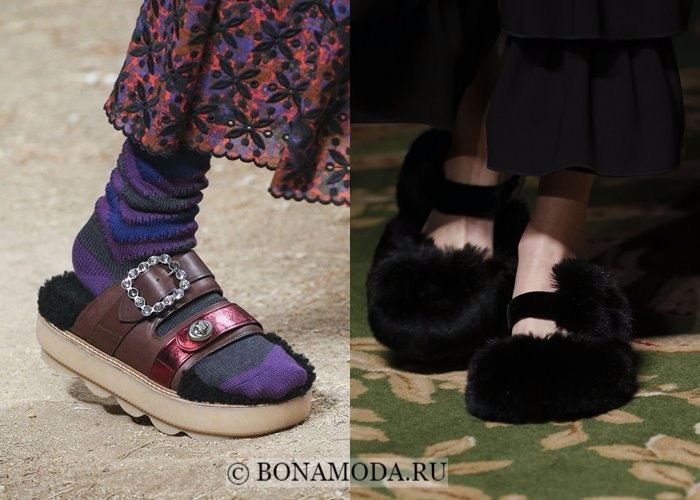 Модная женская обувь осень-зима 2017-2018: шлёпанцы с меховой отделкой