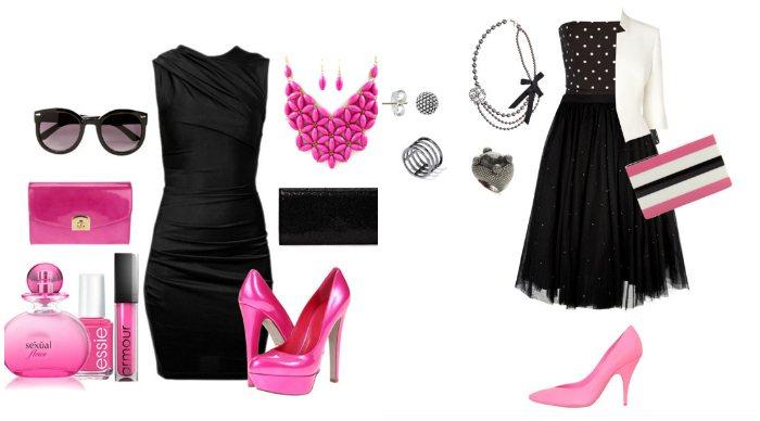 Сочетание черного короткого платья с розовыми туфлями