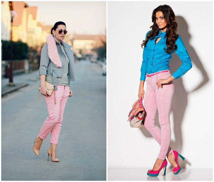 Розовые туфли с брюками нежного розового оттенка на моделях