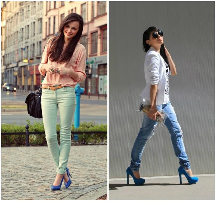 Образ с синими туфлями и джинсами