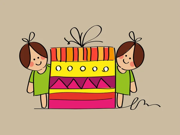 Девочки милые Близнецы эскиз с подарок на день рождения — стоковый вектор
