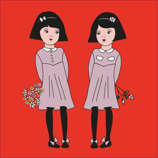 Близнецы красивые девушки с цветами на красном фоне — стоковый вектор