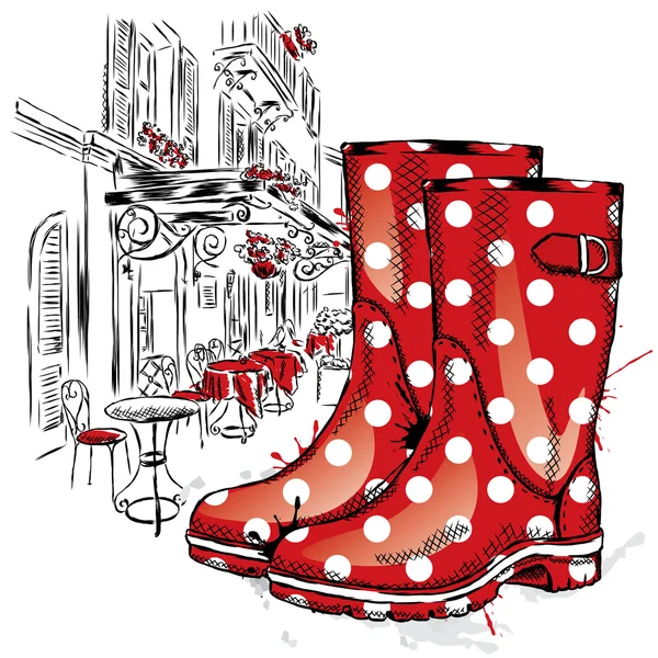 Rubber boots on a background of a city street. Vector illustration for greeting card, poster, or print on clothes. Fashion & Style. Vintage drawing. — стоковый вектор