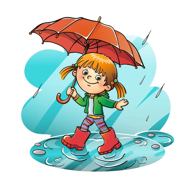 Счастливая девушка, прогулки под дождем — стоковый вектор
