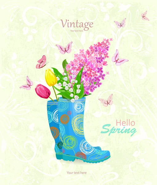 Букет цветов в резиновые сапоги — стоковый вектор