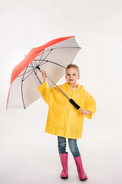 Ребенка Дошкольника Резиновые Сапоги Желтый Плащ Зонтиком Изолированные Белом Фоне — стоковое фото