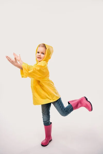 Красивые Детские Резиновые Сапоги Желтый Плащ Изолированные Белом Фоне — стоковое фото