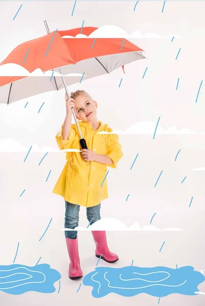 Маленький Ребенок Желтый Плащи Зонты Дождливая Погода Лужи Иллюстрации — стоковое фото