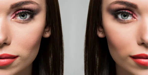 Лицо женщины прежде и после ретуши — стоковое фото