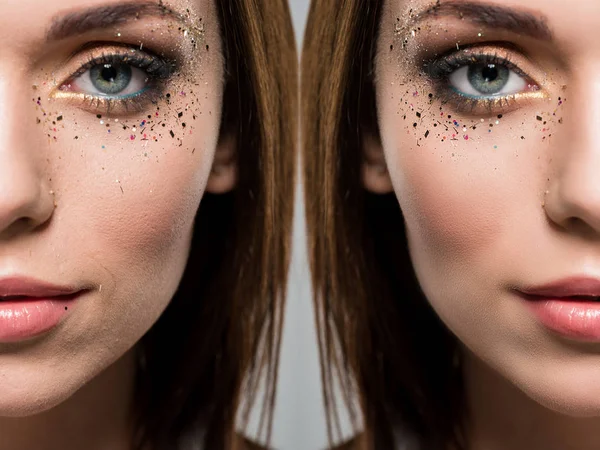Лицо женщины прежде и после ретуши — стоковое фото