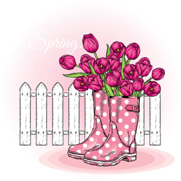 Букет из тюльпанов в красивой горошек резиновые сапоги. Векторная иллюстрация. Весенние цветы — стоковый вектор