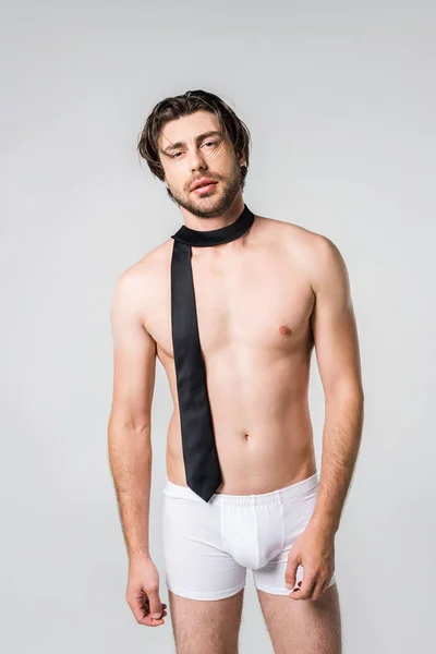 Portrait Handsome Man White Underwear Black Tie Grey Backdrop — стоковое фото