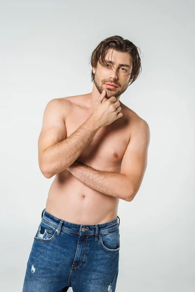 Portrait Pensive Shirtless Man Jeans Isolated Grey — стоковое фото