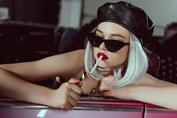 Stylish Blonde Girl Beret Sunglasses Smoking Cigarette Car — стоковое фото