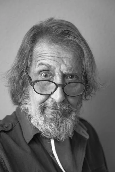 Black White Portrait Old Man Long Hair Beard Wearing Eyeglasses — стоковое фото