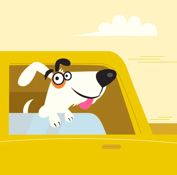 Счастливая собака черно-белые, путешествия в желтый автомобиль — стоковый вектор