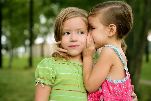 Две односпальные маленькая сестра девушки шепотом на ухо — стоковое фото