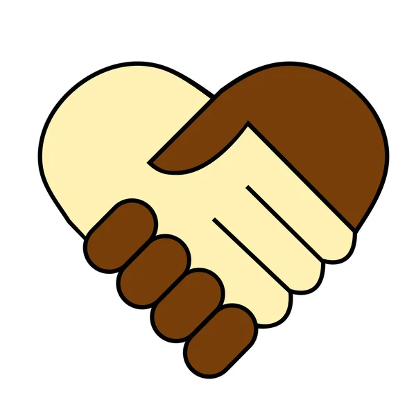 Рукопожатие между черно-белый человек, символ в форме сердца — стоковый вектор
