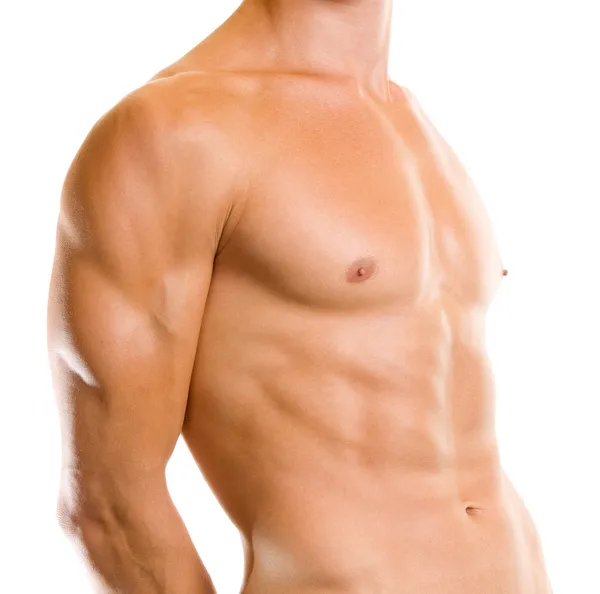 Крупным планом мышечные мужской ТОРС, над белой — стоковое фото