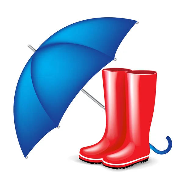 Красные резиновые сапоги с голубой зонтик — стоковый вектор